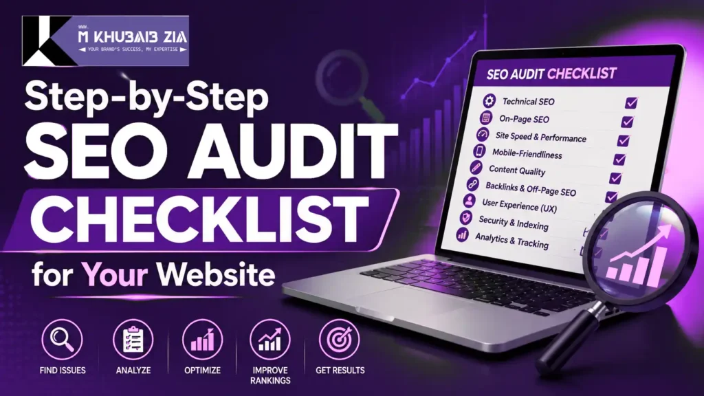 SEO specialist reviewing a website audit checklist and performance charts