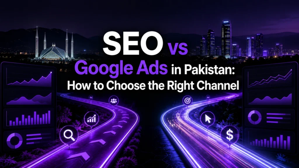 SEO vs Google Ads in Pakistan channel comparison with Islamabad skyline