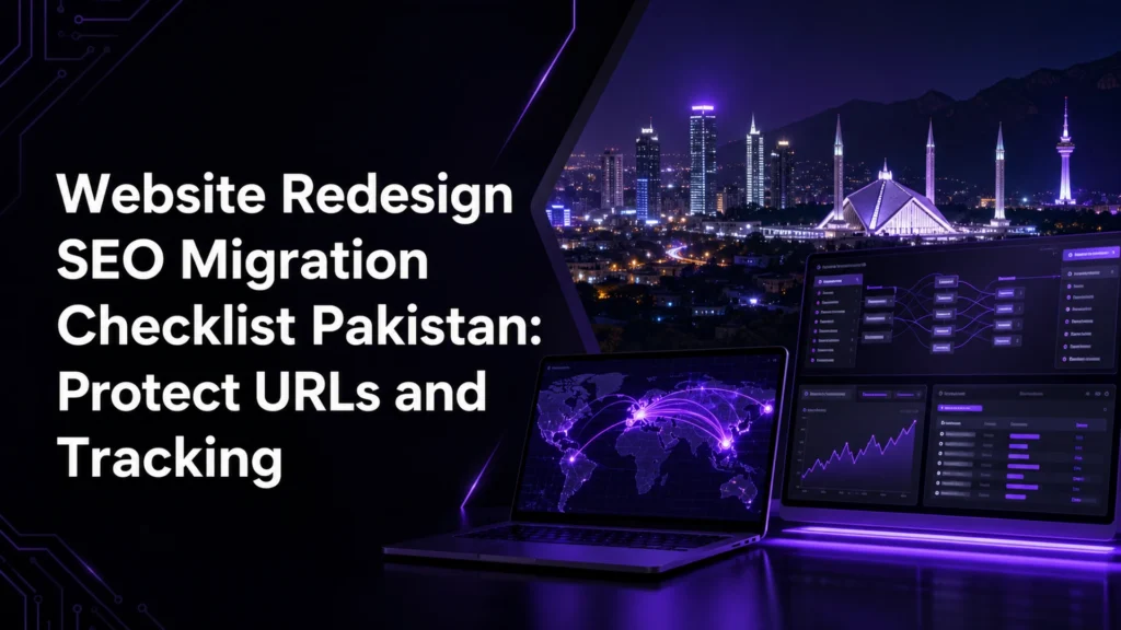 Website redesign SEO migration Pakistan checklist with Islamabad skyline and redirect planning dashboard