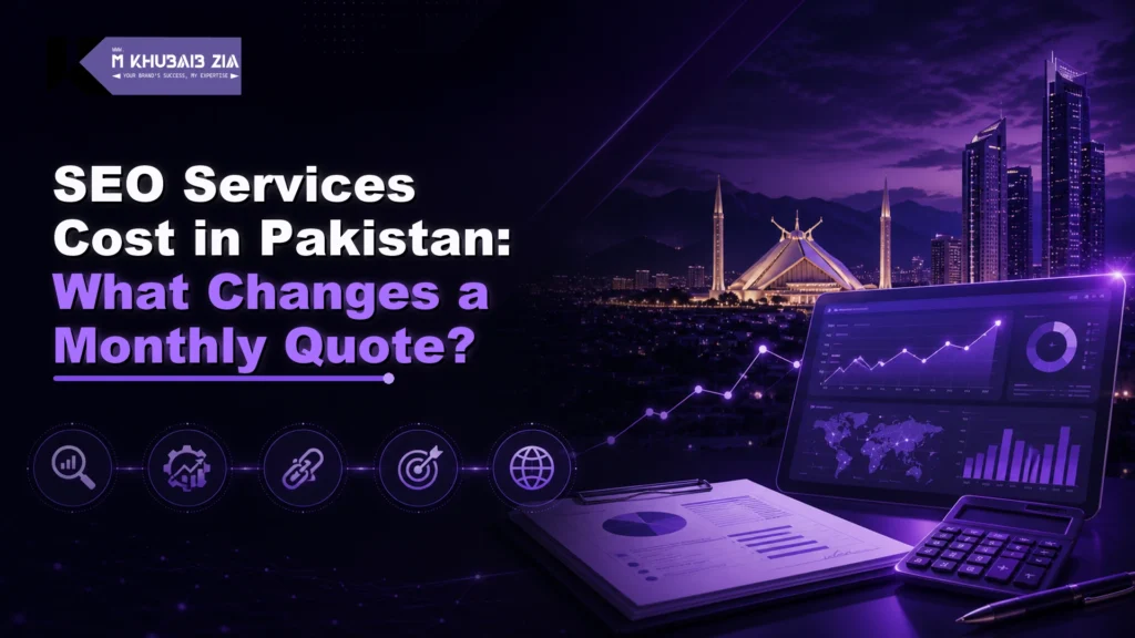 SEO services cost in Pakistan quote factors shown on a digital marketing planning dashboard