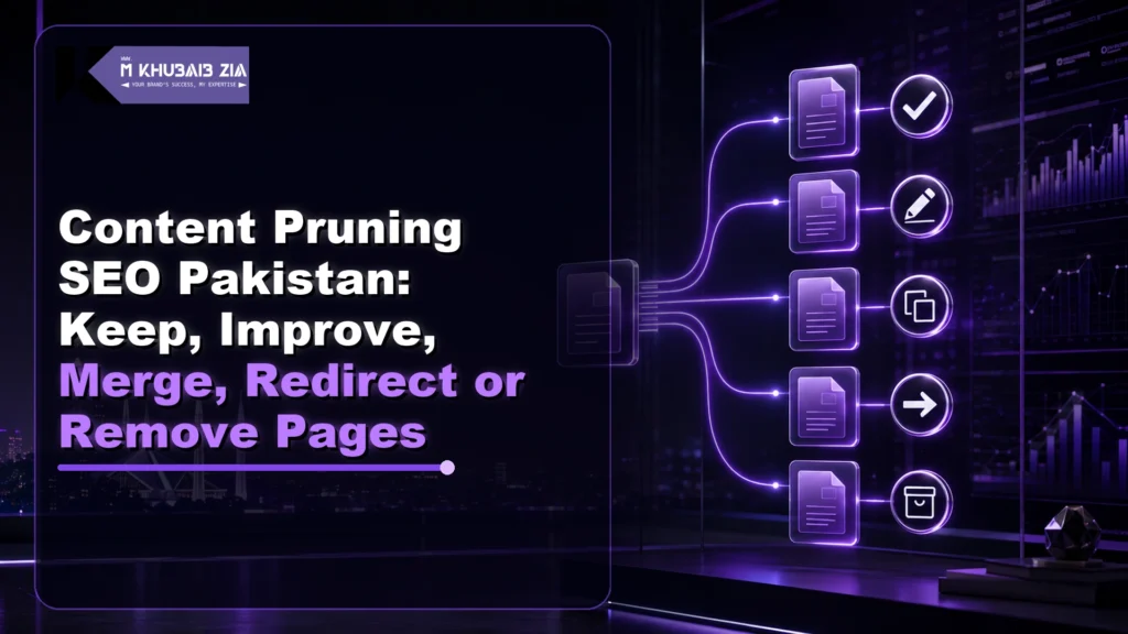 Content pruning SEO Pakistan keep improve merge redirect or remove decision dashboard in neon violet