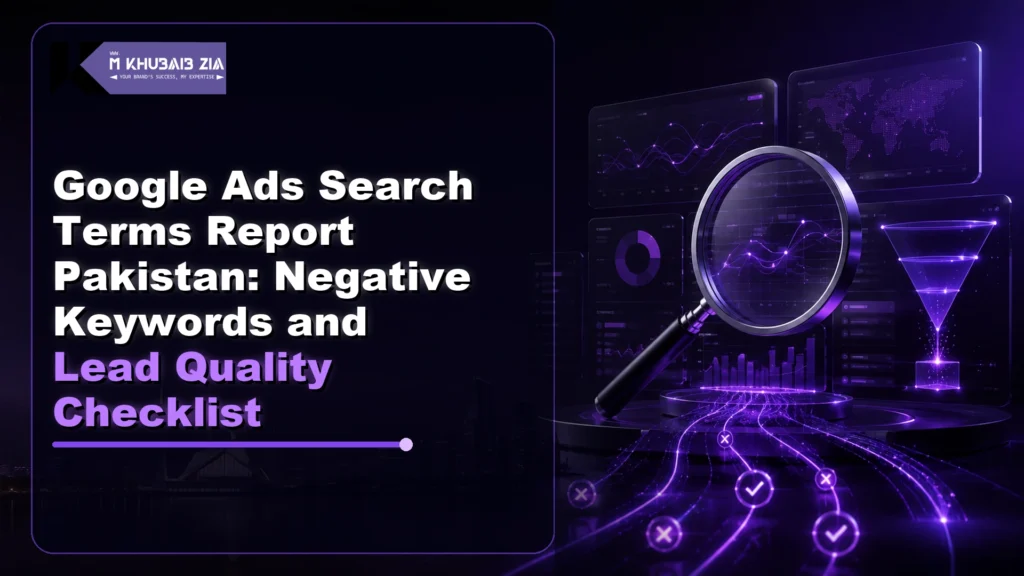 Google Ads search terms report Pakistan negative keyword and lead quality review on a neon violet dashboard