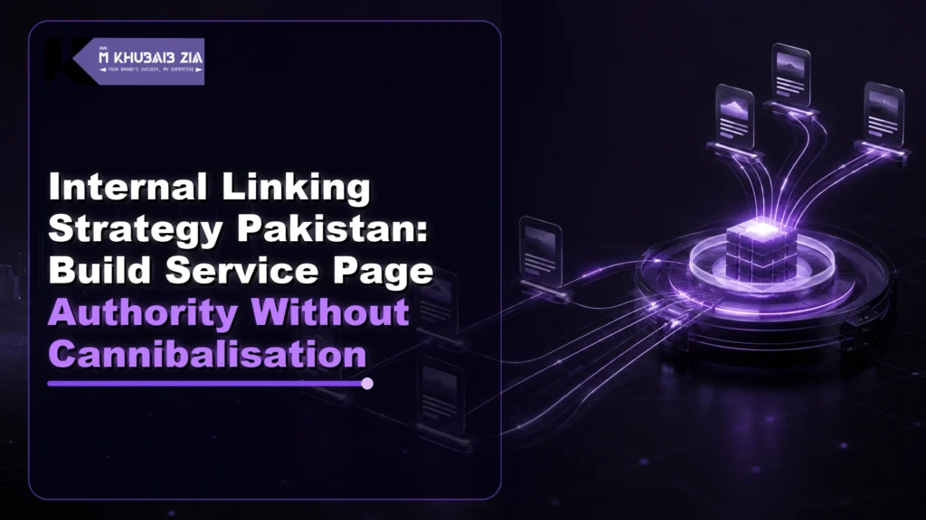 Internal linking strategy Pakistan service page authority map in a black and neon violet interface