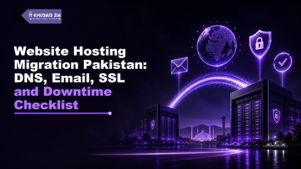 Website hosting migration Pakistan DNS email SSL and downtime checklist on a neon violet server dashboard