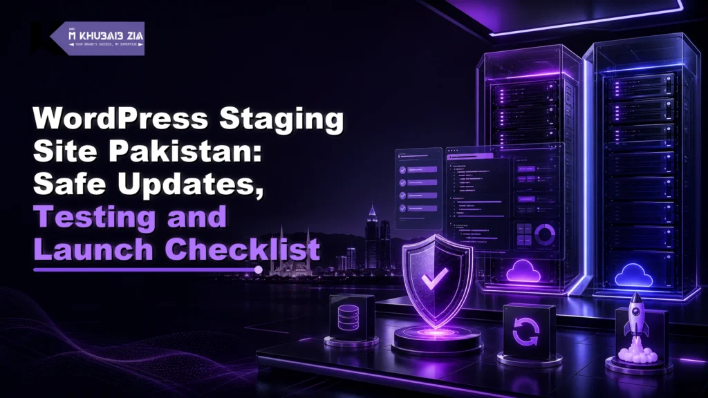 WordPress staging site Pakistan safe update and launch checklist on a neon purple development dashboard