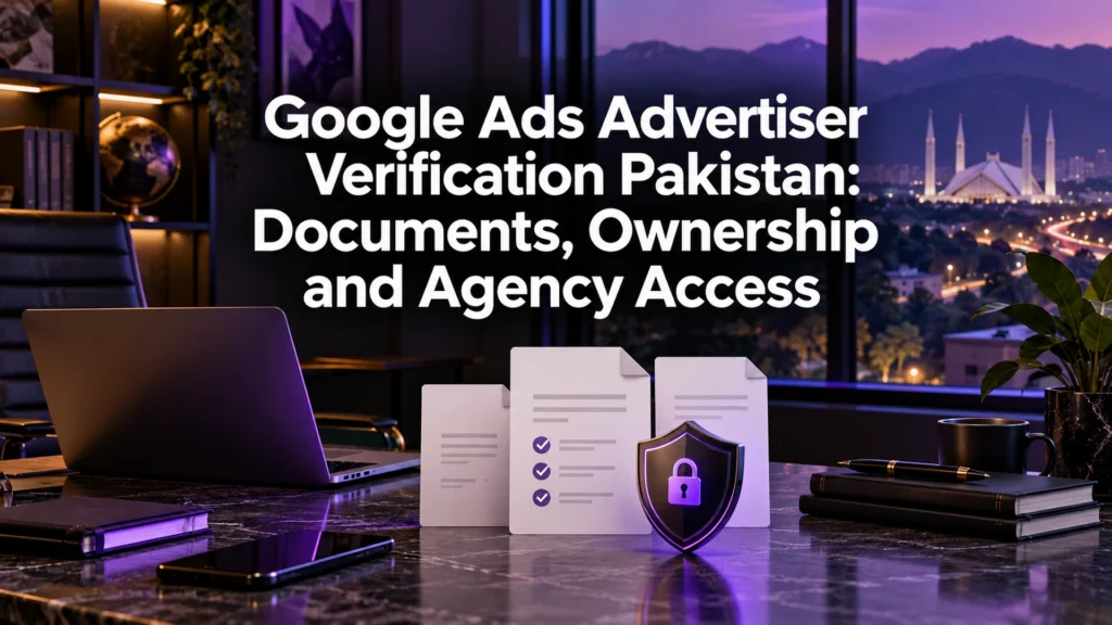 Google Ads advertiser verification Pakistan cover showing secure document preparation in a purple Islamabad workspace