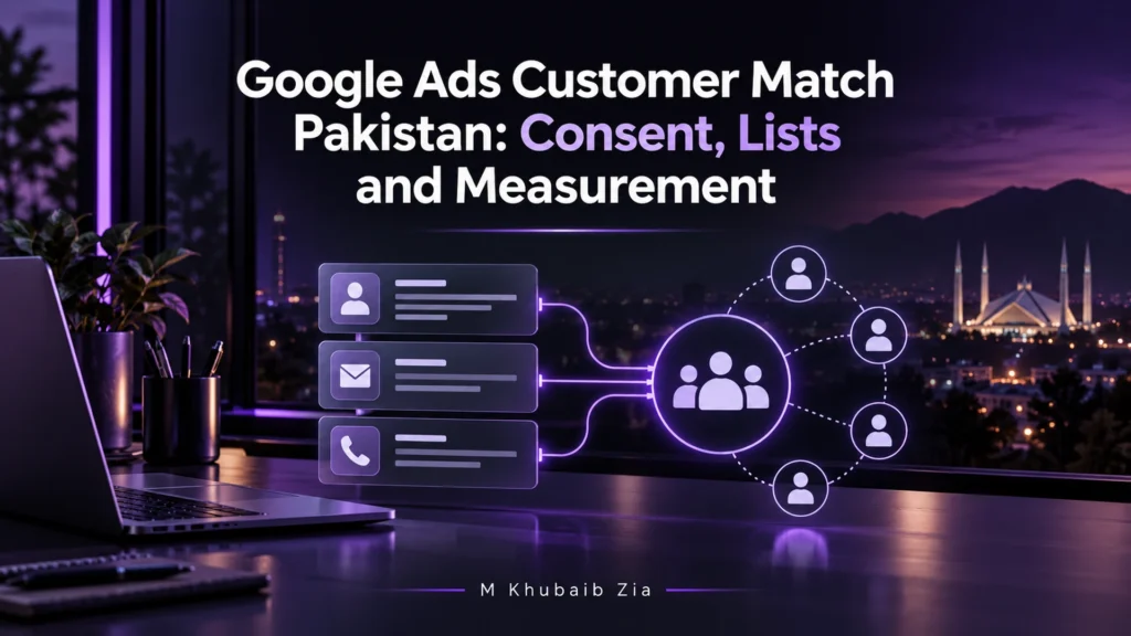 Google Ads Customer Match Pakistan cover showing customer-data cards and an audience diagram in violet
