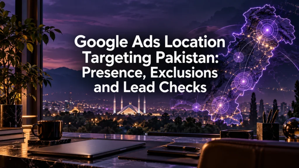 Google Ads location targeting Pakistan cover with purple location rings and an Islamabad skyline