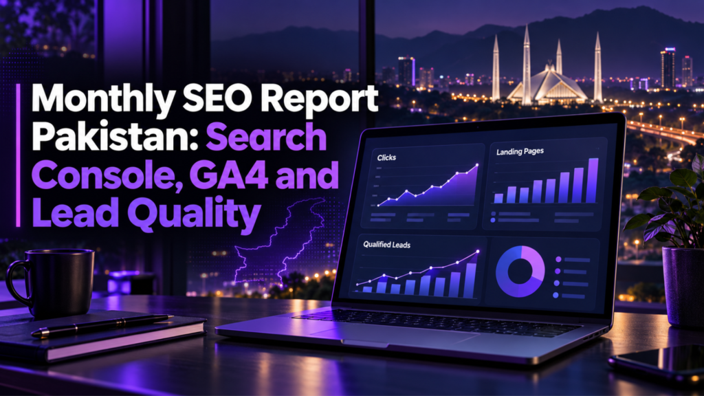 Monthly SEO report Pakistan dashboard with Search Console, GA4 and qualified lead charts in a purple Islamabad workspace.