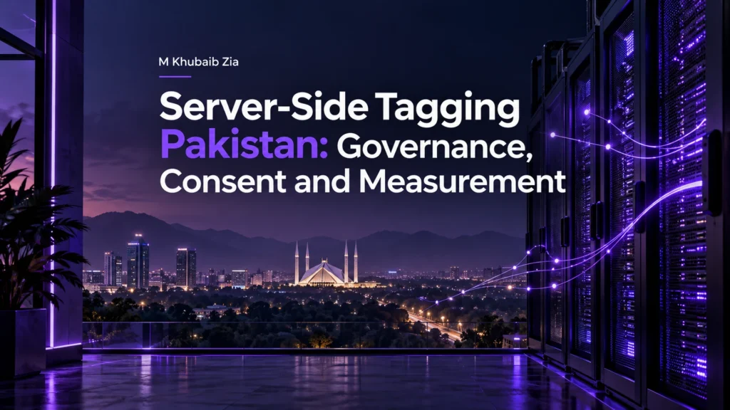 Server-side tagging Pakistan cover with violet data connections, a server rack and Islamabad skyline