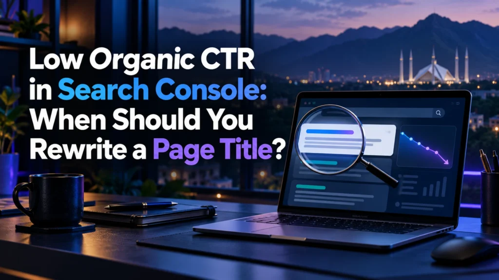 Laptop with a search listing, magnifier and abstract click chart, beside the low organic CTR headline