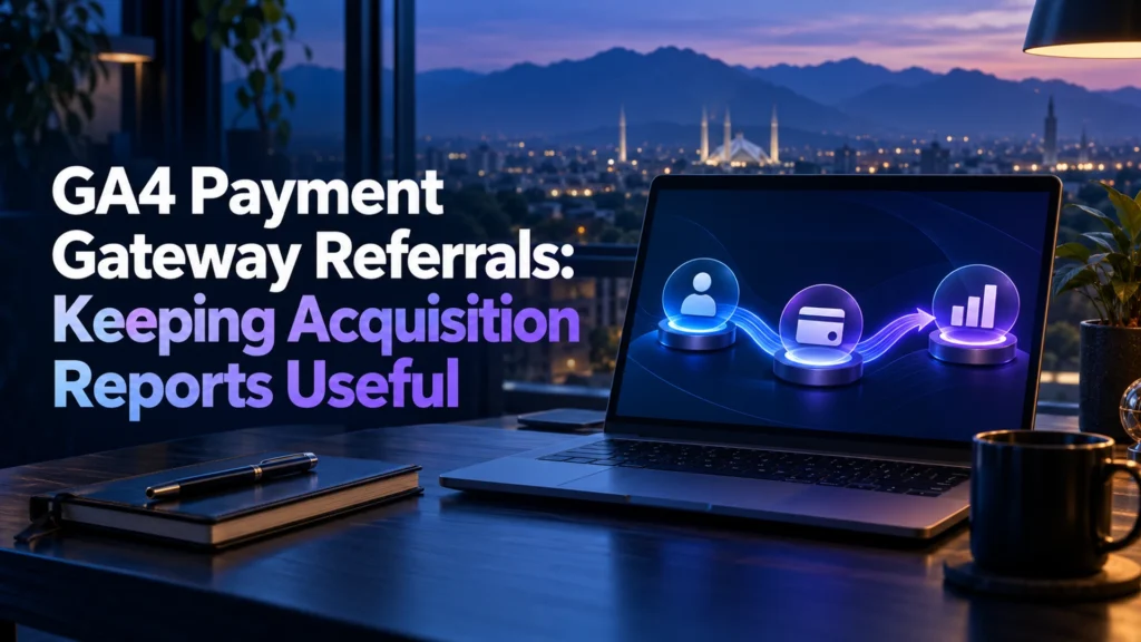 Laptop with origin, payment and analytics icons, beside the GA4 payment referral article headline