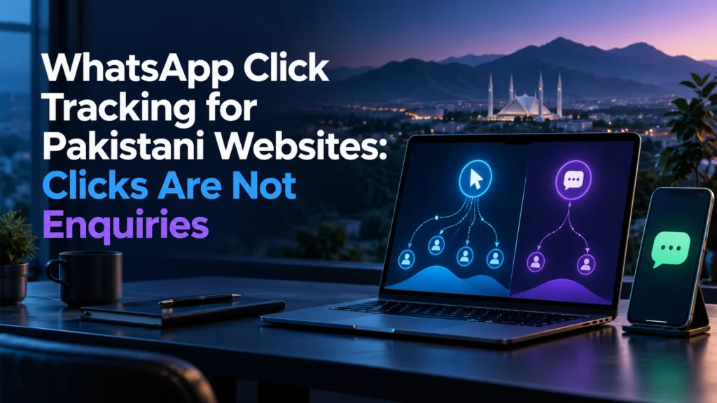 Laptop with separate click and conversation pathways beside the WhatsApp tracking article headline