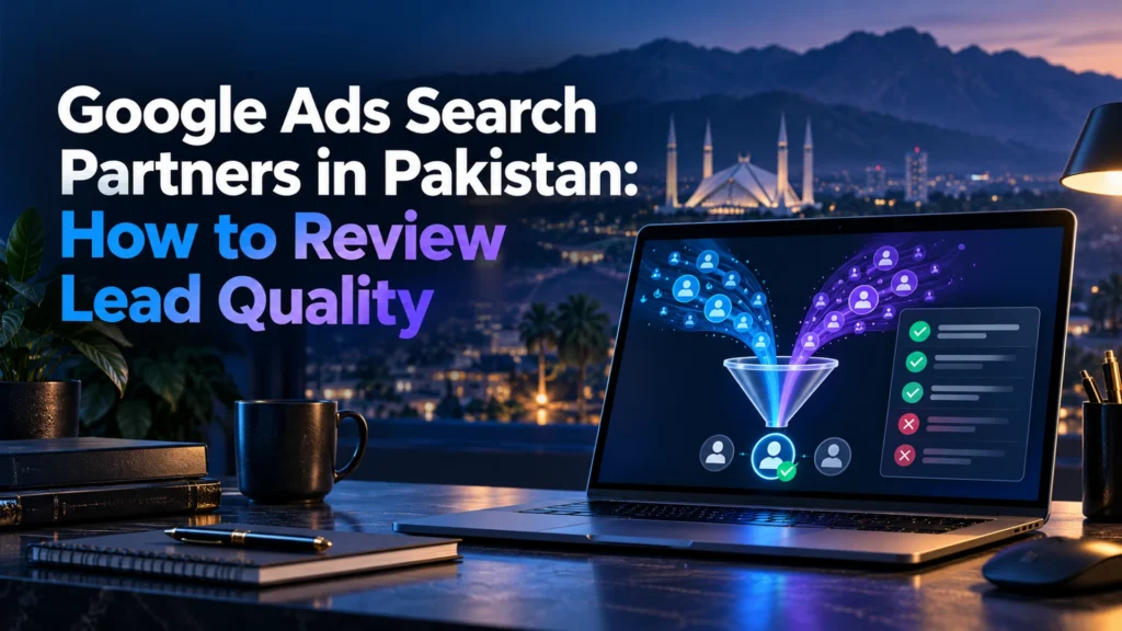 Laptop showing separate traffic streams and a lead-review illustration beside the Search Partners headline