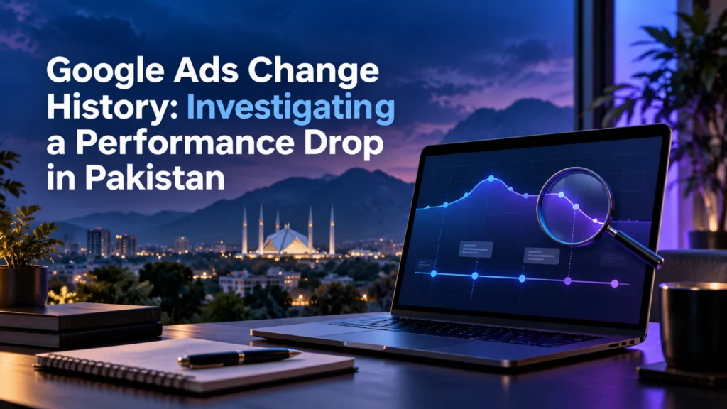 Laptop with a timeline and magnified performance chart beside the Google Ads change-history headline