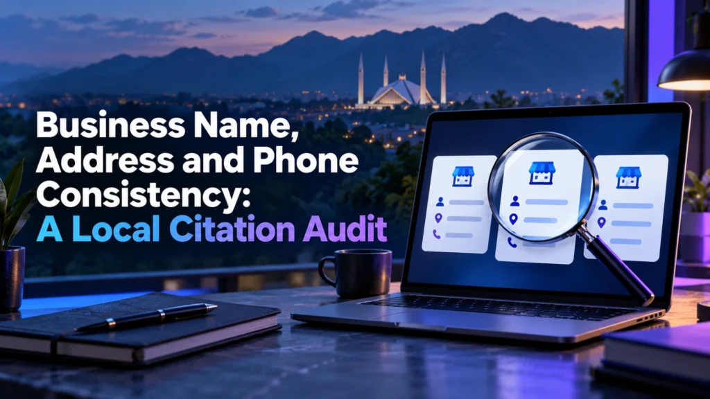 Business directory cards with matching identity icons beside the citation audit article headline