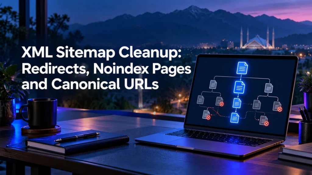 Laptop with a branching page map and highlighted canonical path beside the XML sitemap cleanup headline
