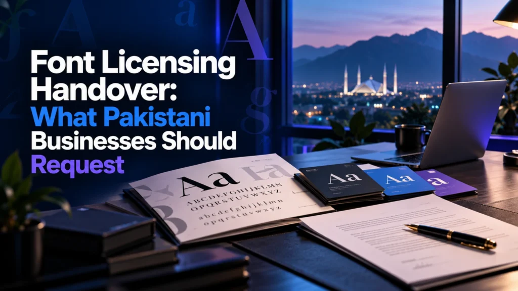 Typography specimens and licence papers on a desk beside the font handover article headline