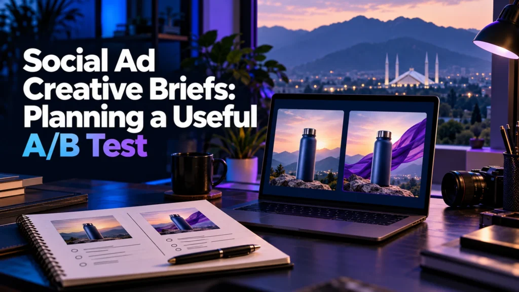 Two bottle-ad creative variants on a laptop beside the social ad A/B test brief headline