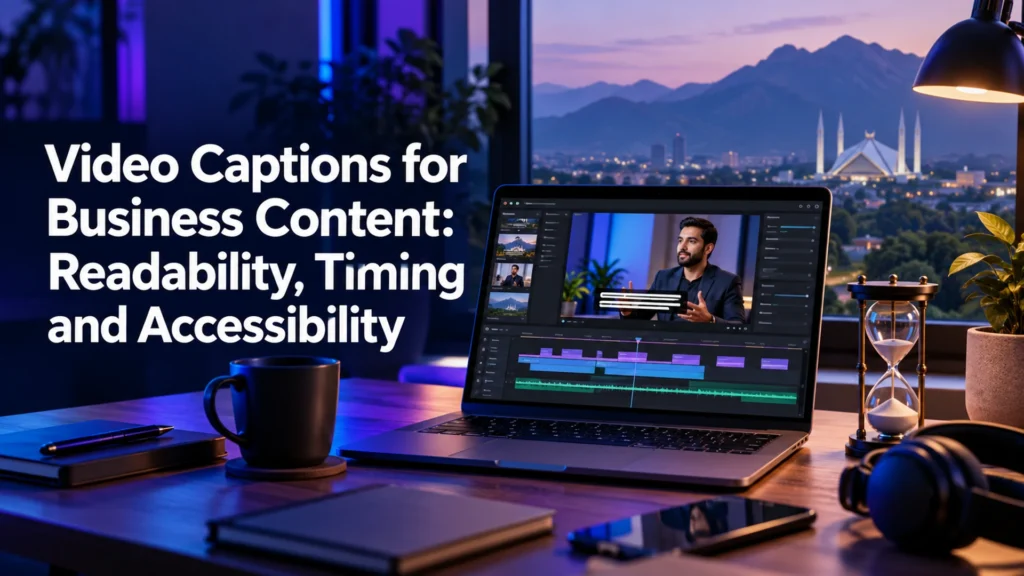 Video preview, caption bars and editing timeline beside the video-caption accessibility headline
