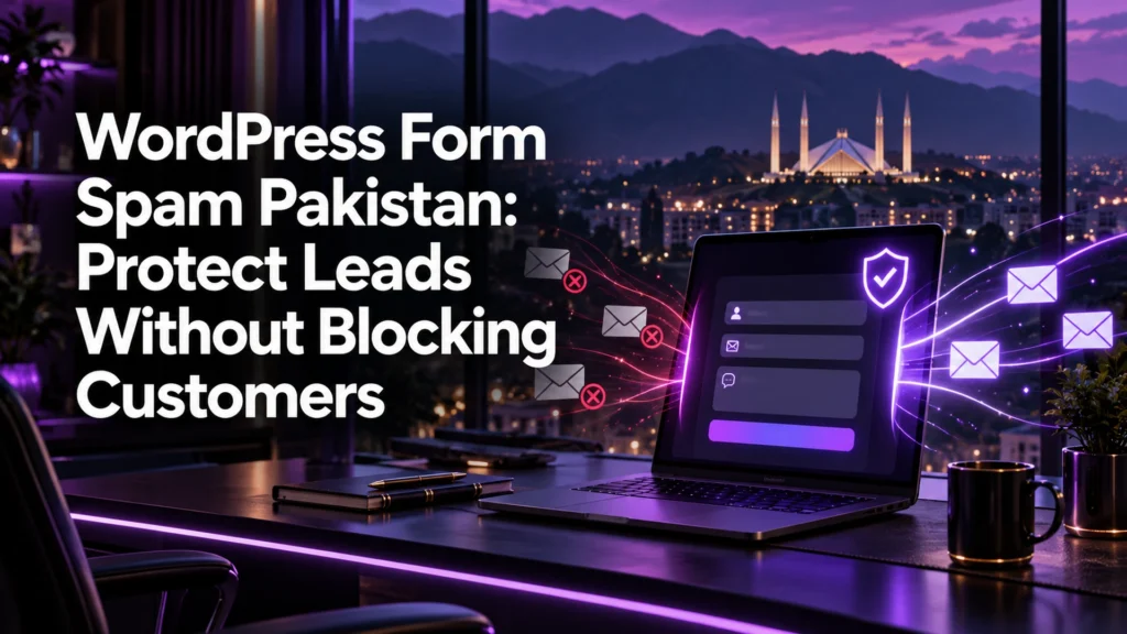 WordPress form spam Pakistan cover showing filtered enquiry messages at a purple-lit Islamabad workstation
